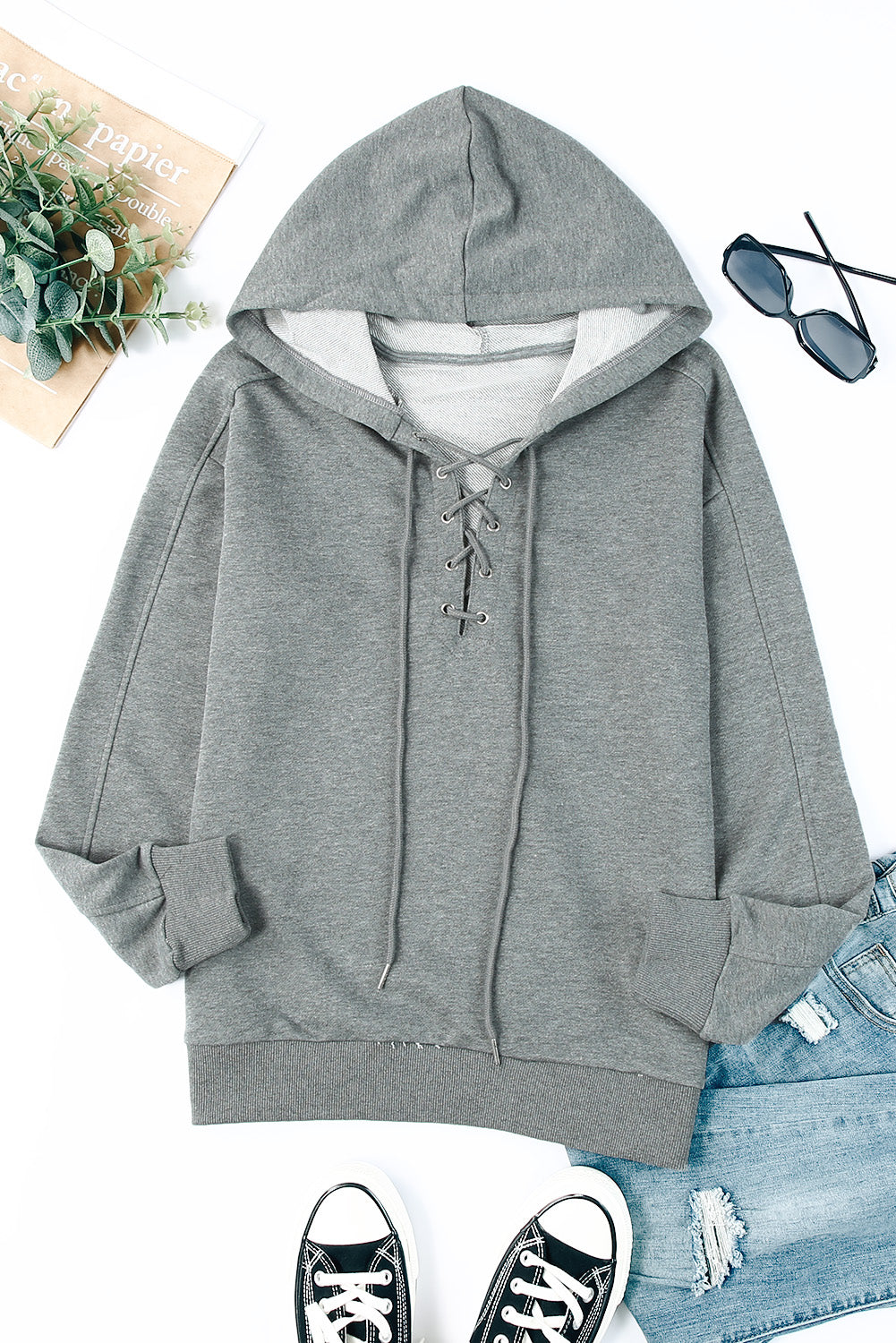 Buy dark-gray Lace-Up Dropped Shoulder Hoodie