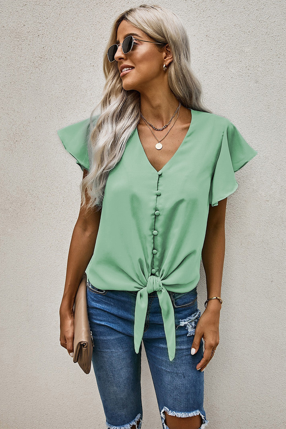 Buy gum-leaf V-Neck Tie Hem Flutter Sleeve Blouse