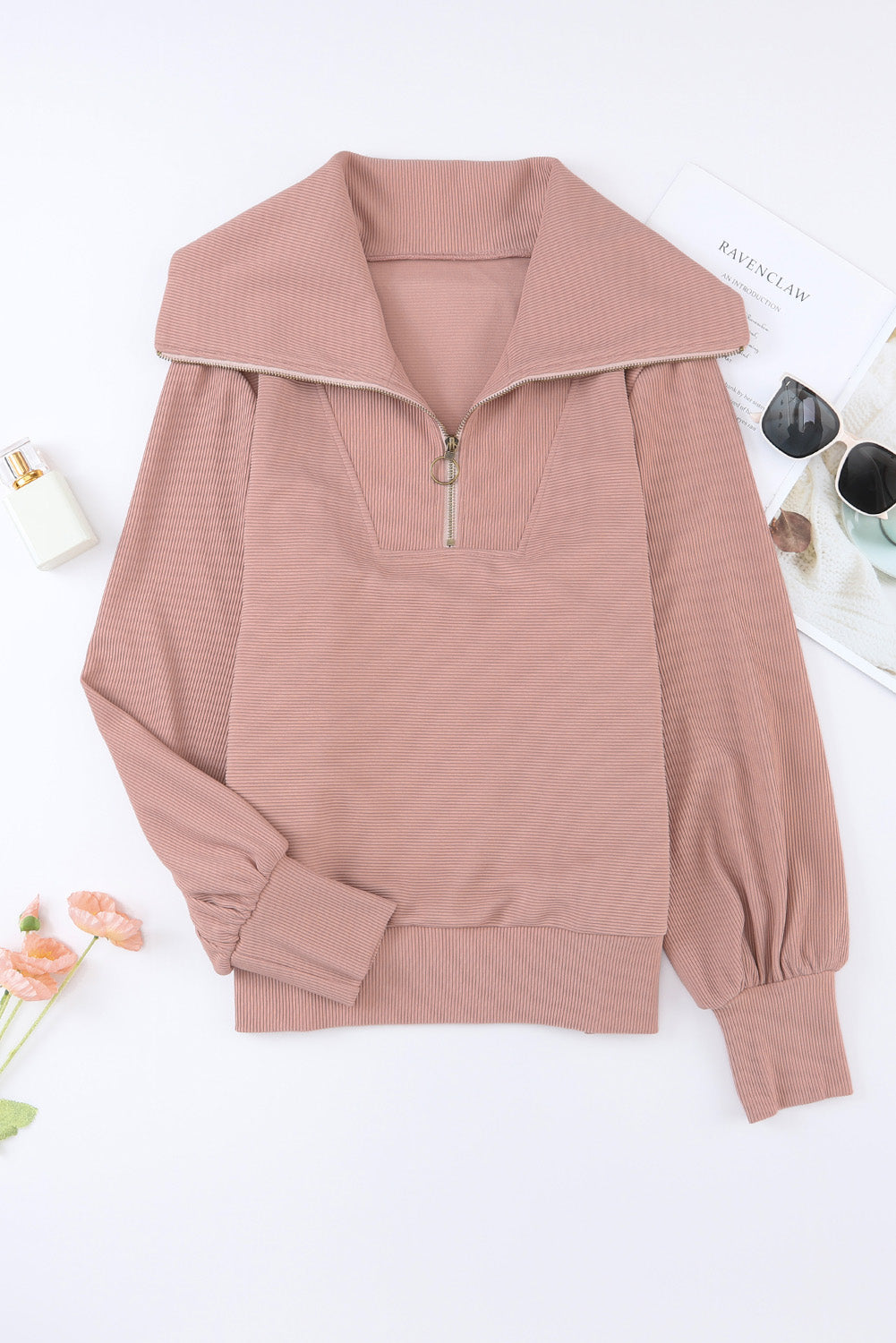 Buy dusty-pink Pocketed Quarter Zip Collared Neck Sweatshirt