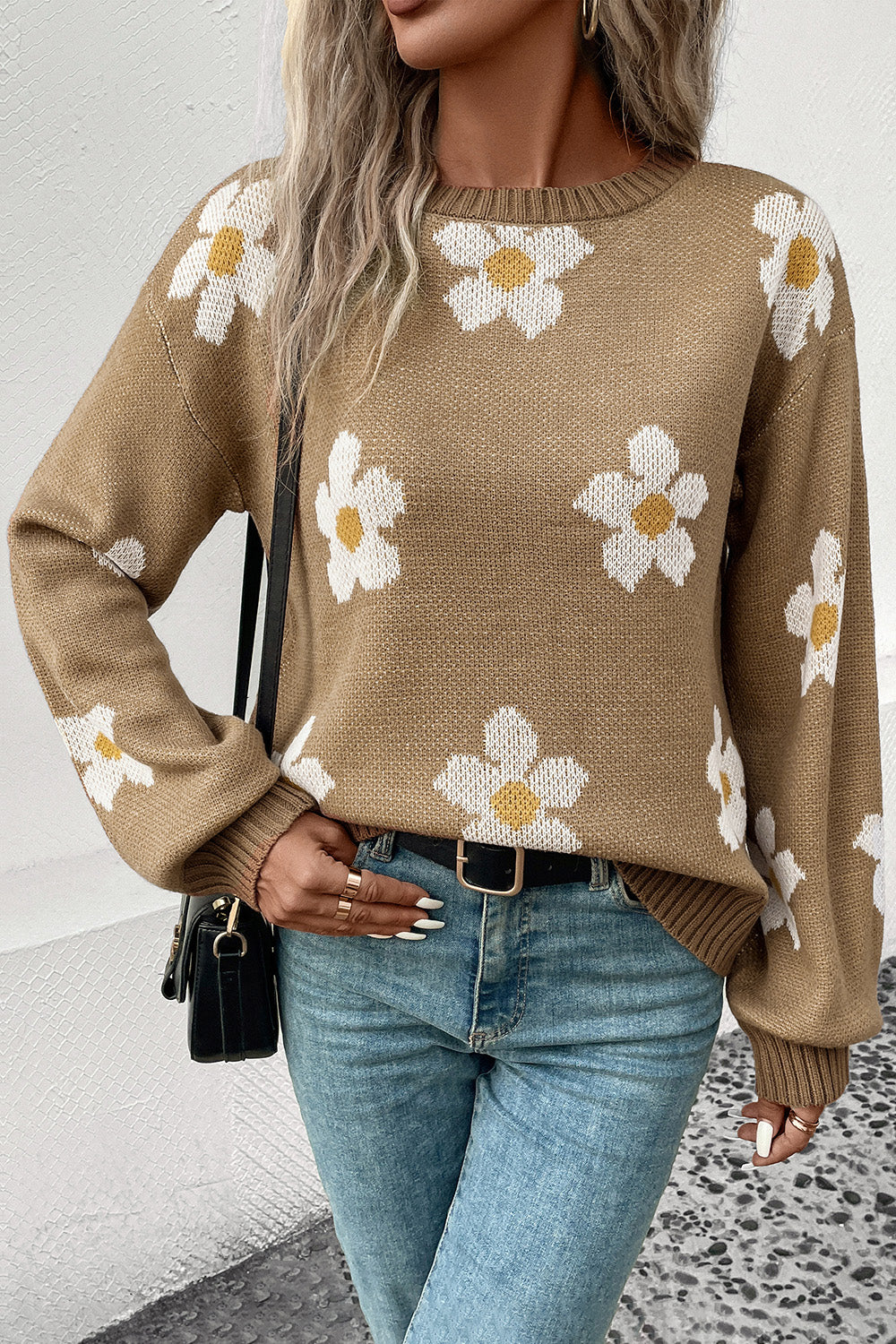 Perfee Floral Dropped Shoulder Sweater