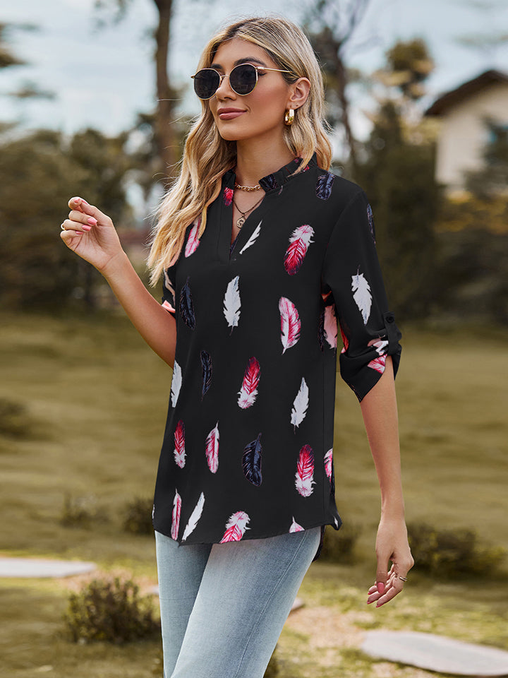 Printed Roll-Tab Sleeve Notched Neck Blouse