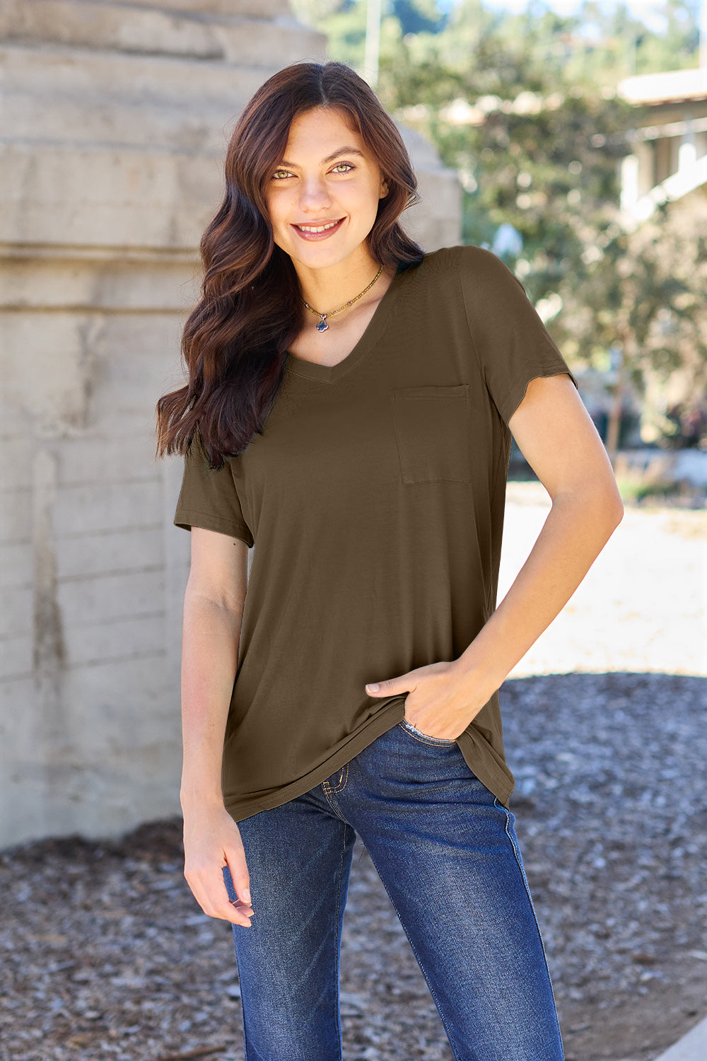 Buy mocha Basic Bae Full Size V-Neck Short Sleeve T-Shirt