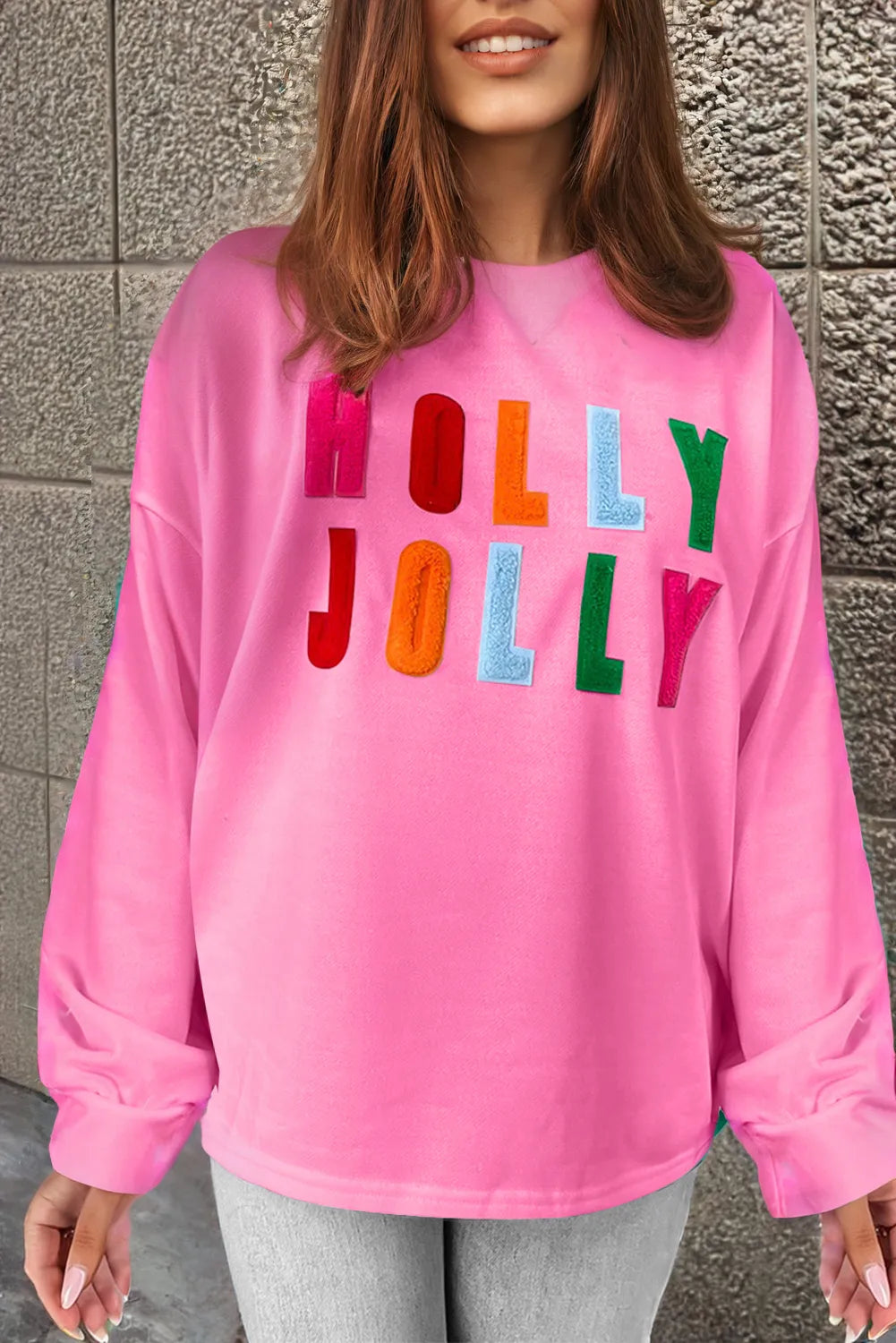 Buy pink HOLLY JOLLY Round Neck Long Sleeve Top