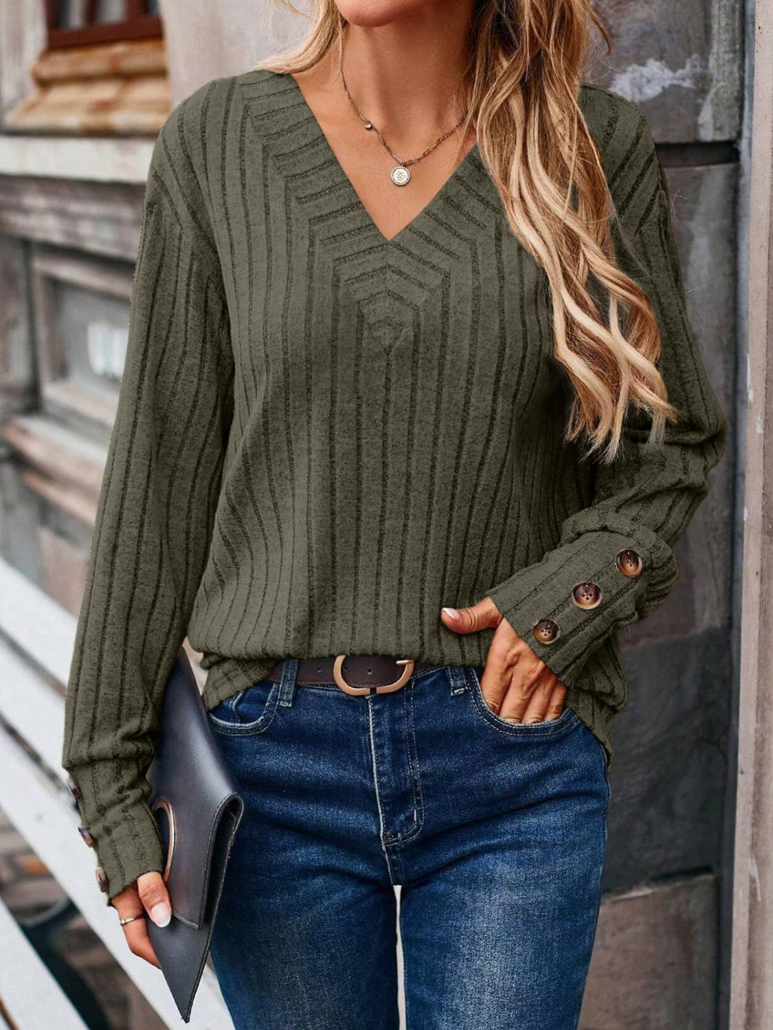 Buy army-green Ribbed V-Neck Long Sleeve T-Shirt