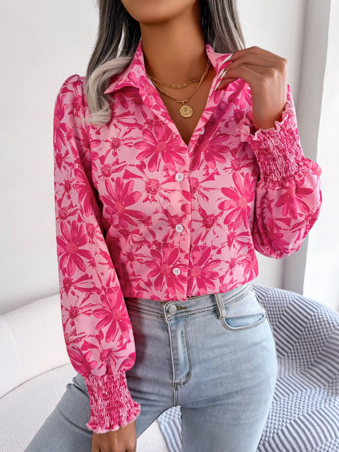 Buy deep-rose Floral Collared Neck Long Sleeve Shirt