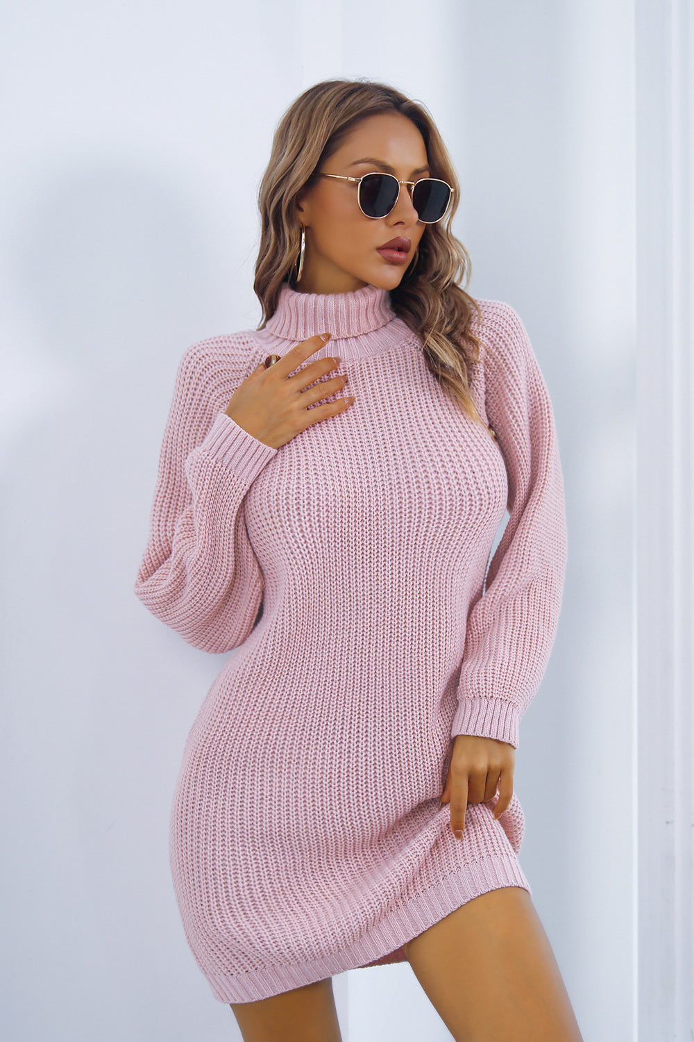 Buy carnation-pink Buttoned Turtleneck Long Sleeve Sweater Dress