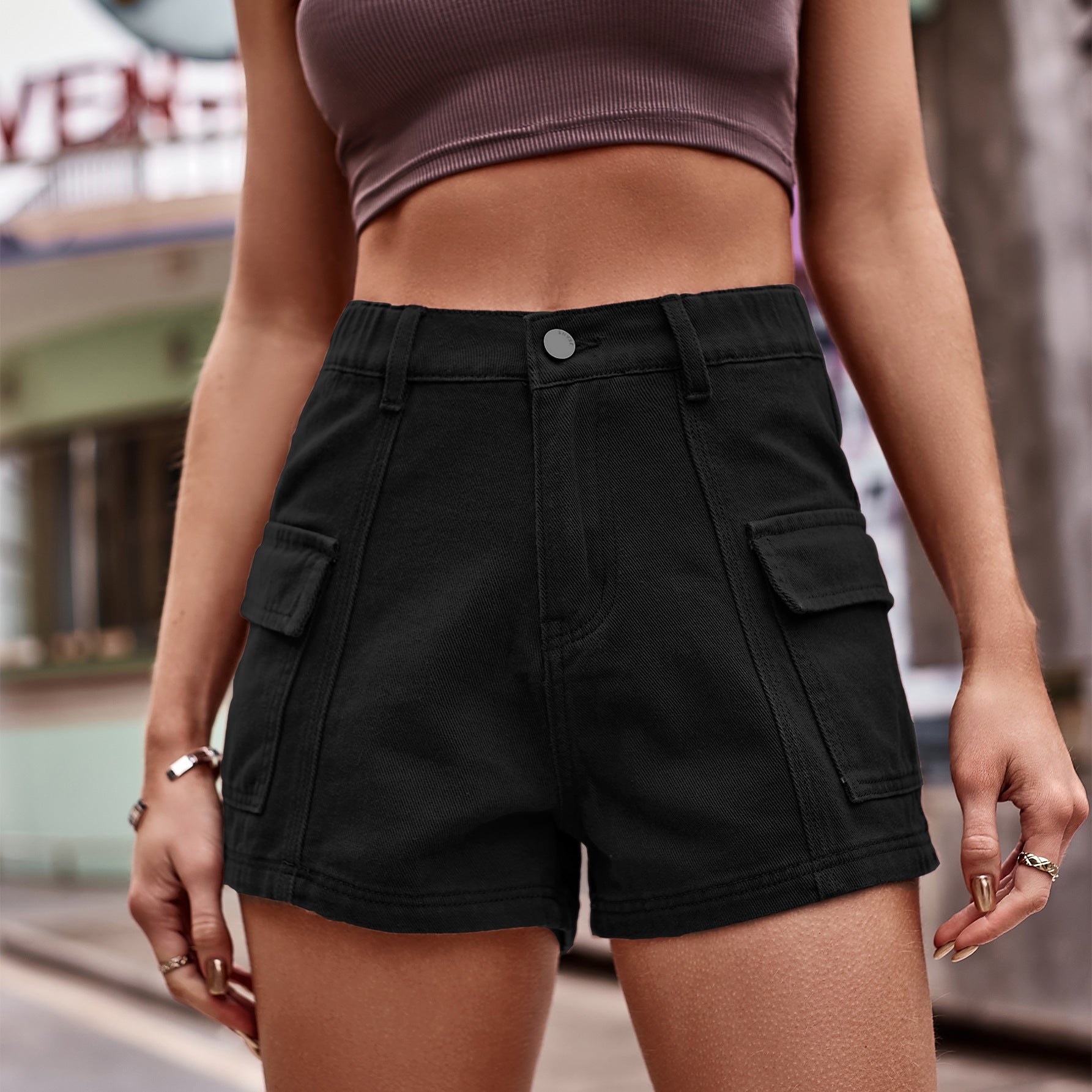 Buy black High-Waist Denim Shorts with Pockets