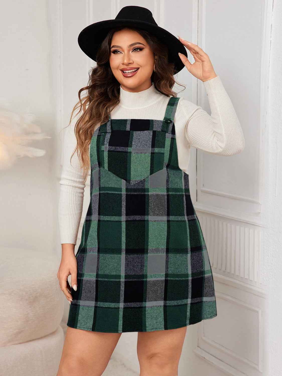 Buy dark-green Honey Plus Size Plaid Wide Strap Overall Dress