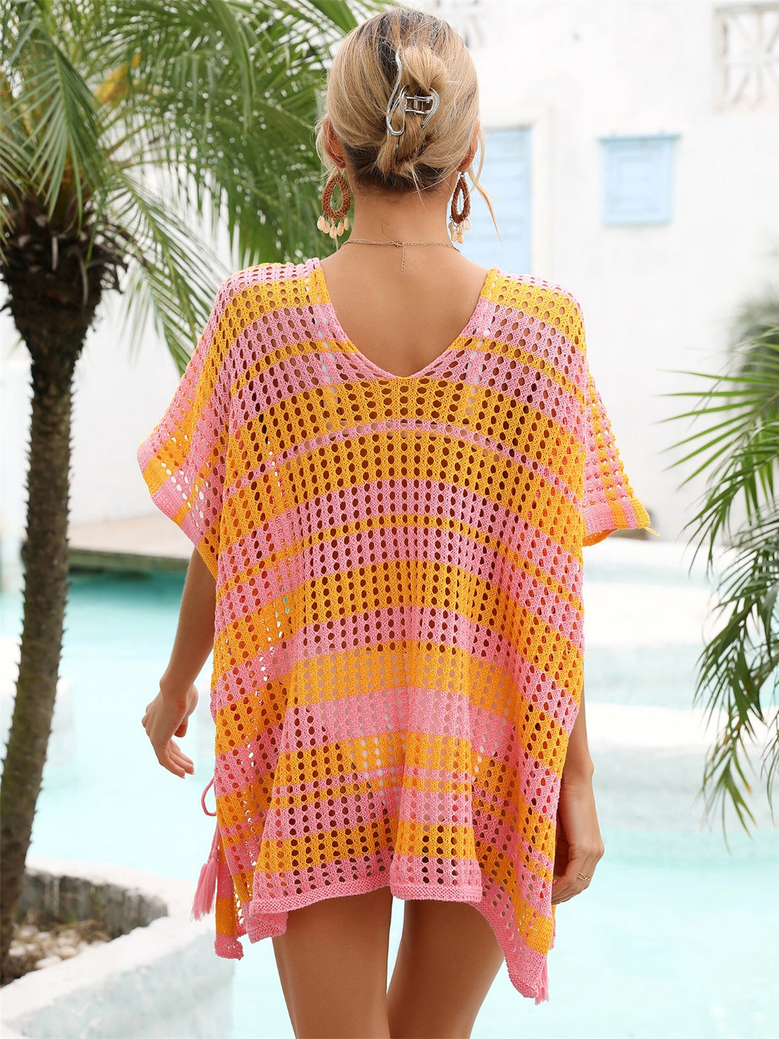 Angel Wings Tassel Openwork Striped V-Neck Cover Up