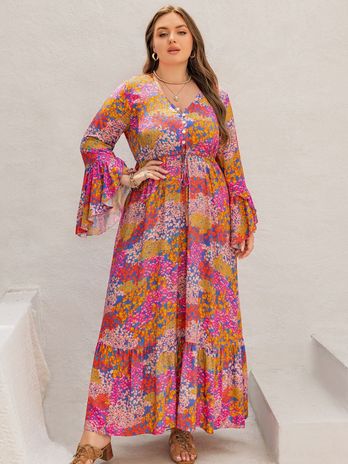 Plus Size Printed V-Neck Long Sleeve Maxi Dress