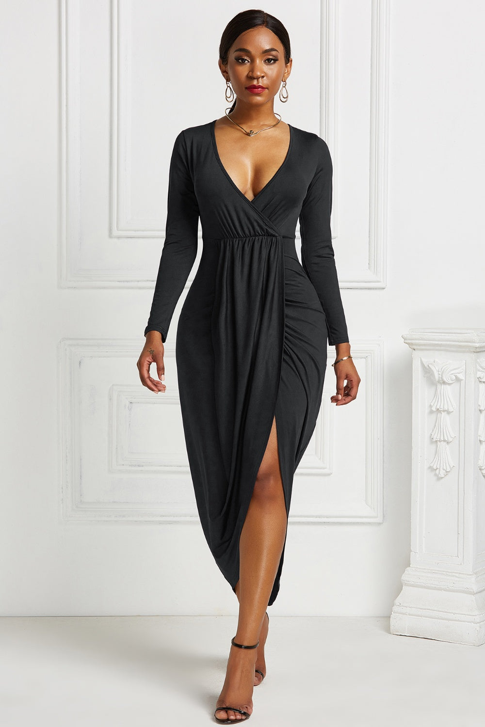 Buy black High-low Ruched Surplice Long Sleeve Dress