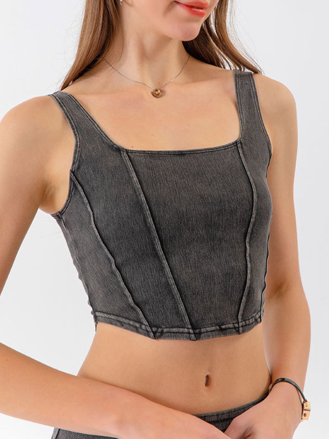 Buy dark-gray Seam Detail Cropped Denim Tank