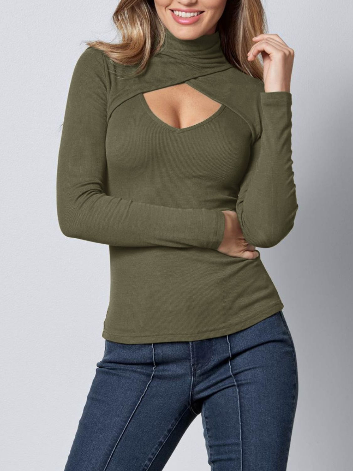 Buy army-green Cutout Turtleneck Long Sleeve T-Shirt