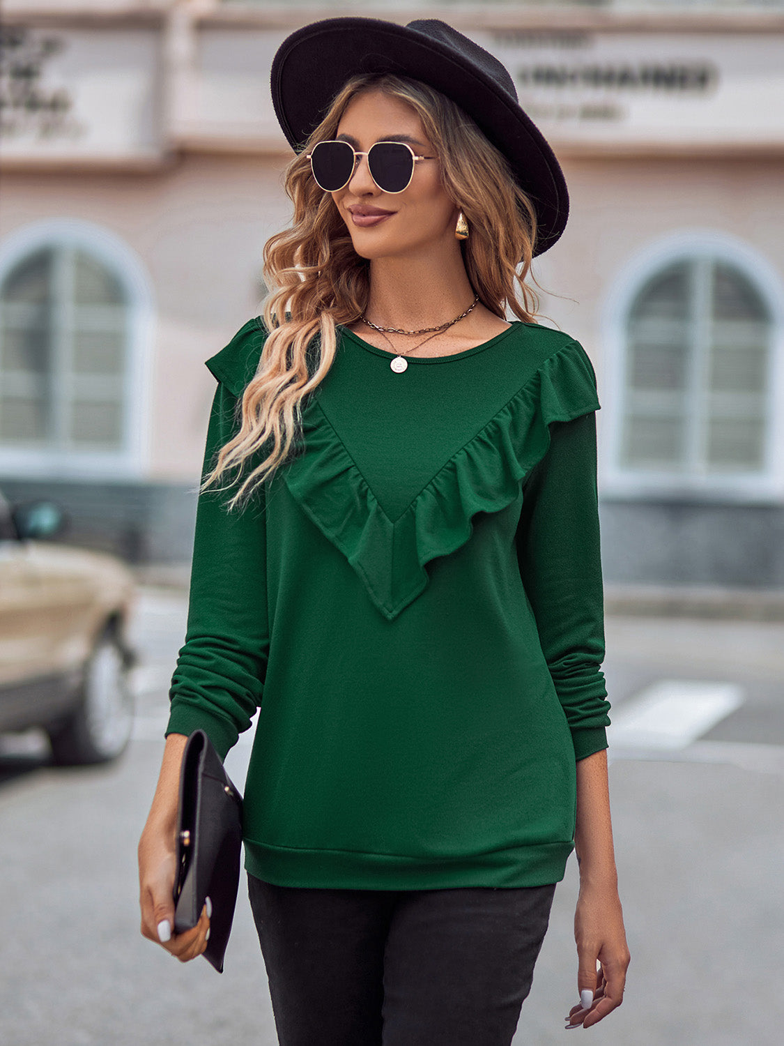 Buy green Ruffled Round Neck Long Sleeve Top