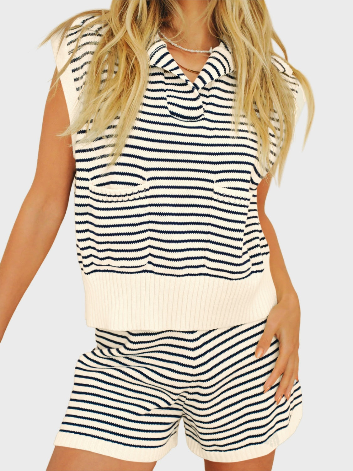 Buy pastel-yellow Striped Cap Sleeve Top and Shorts Sweater Set