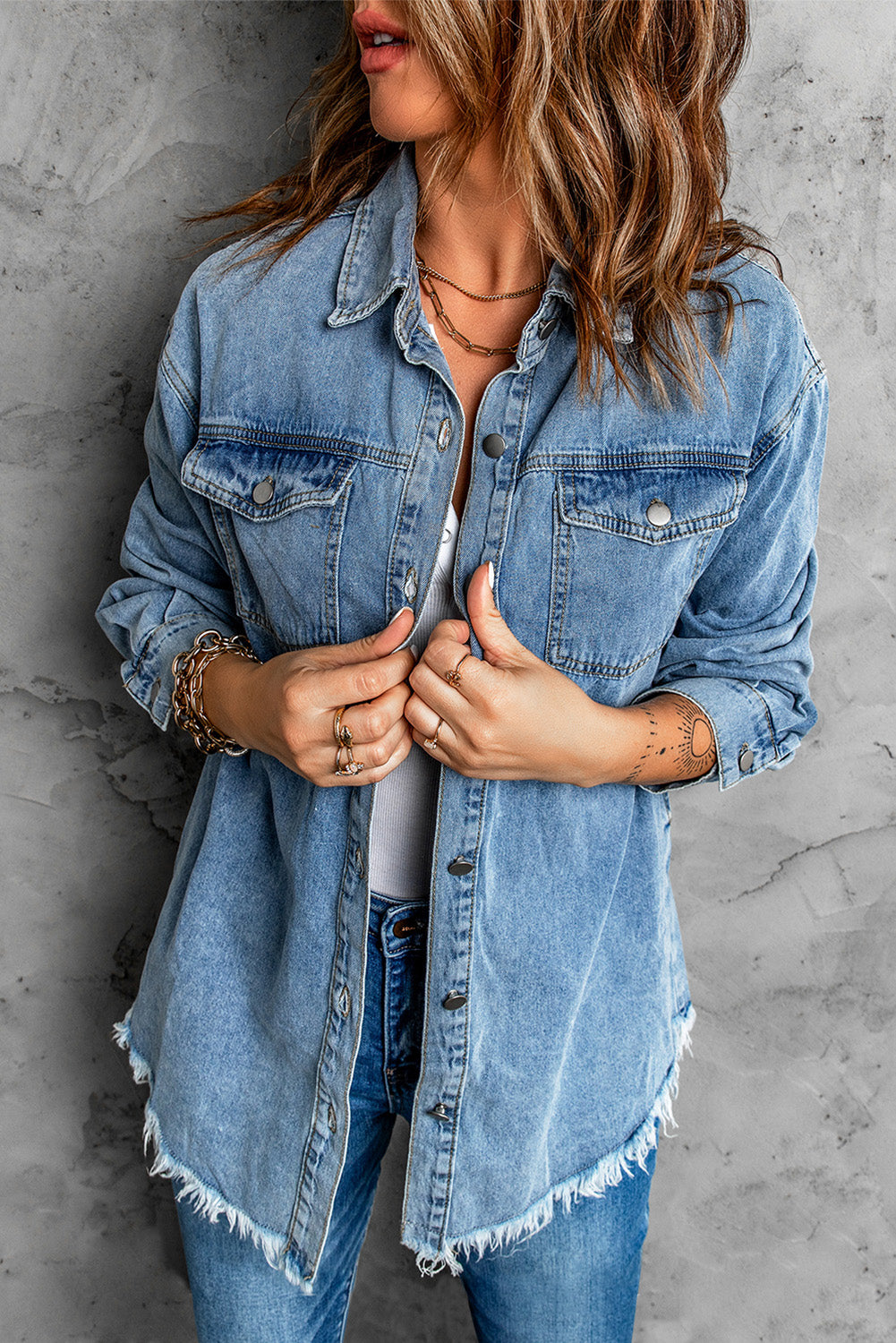 Buy deep-teal Button Up Pocketed Raw Hem Denim Jacket