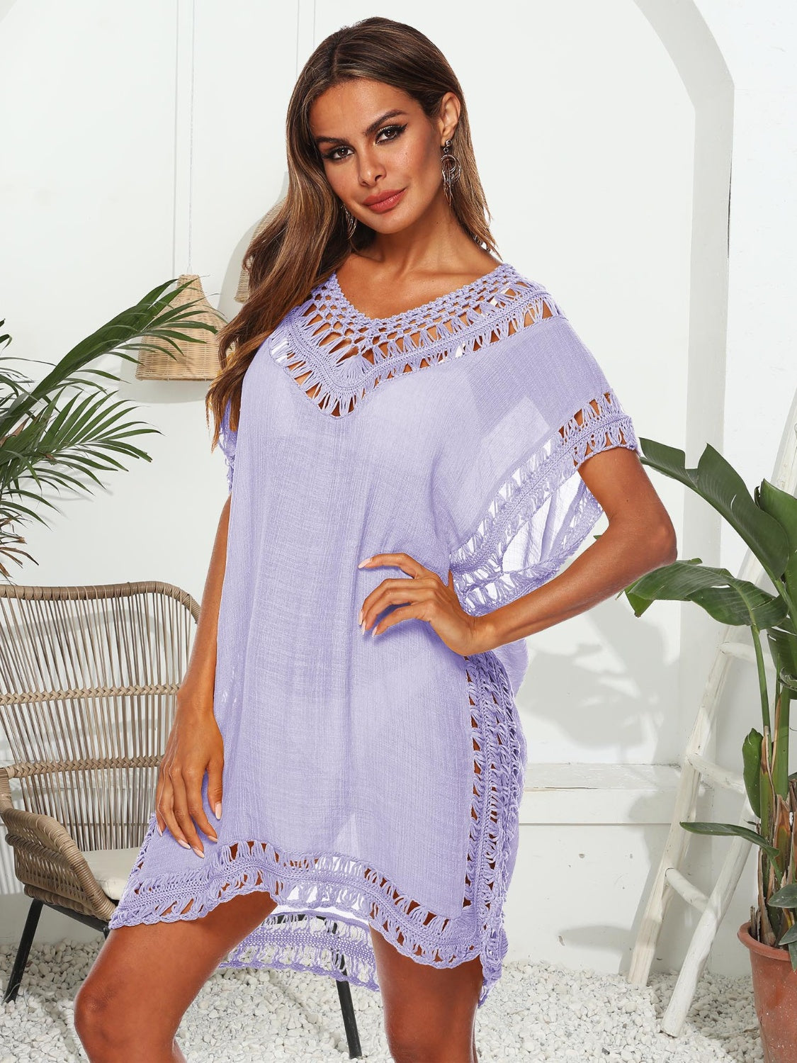 Buy lavender Cutout V-Neck Short Sleeve Cover-Up