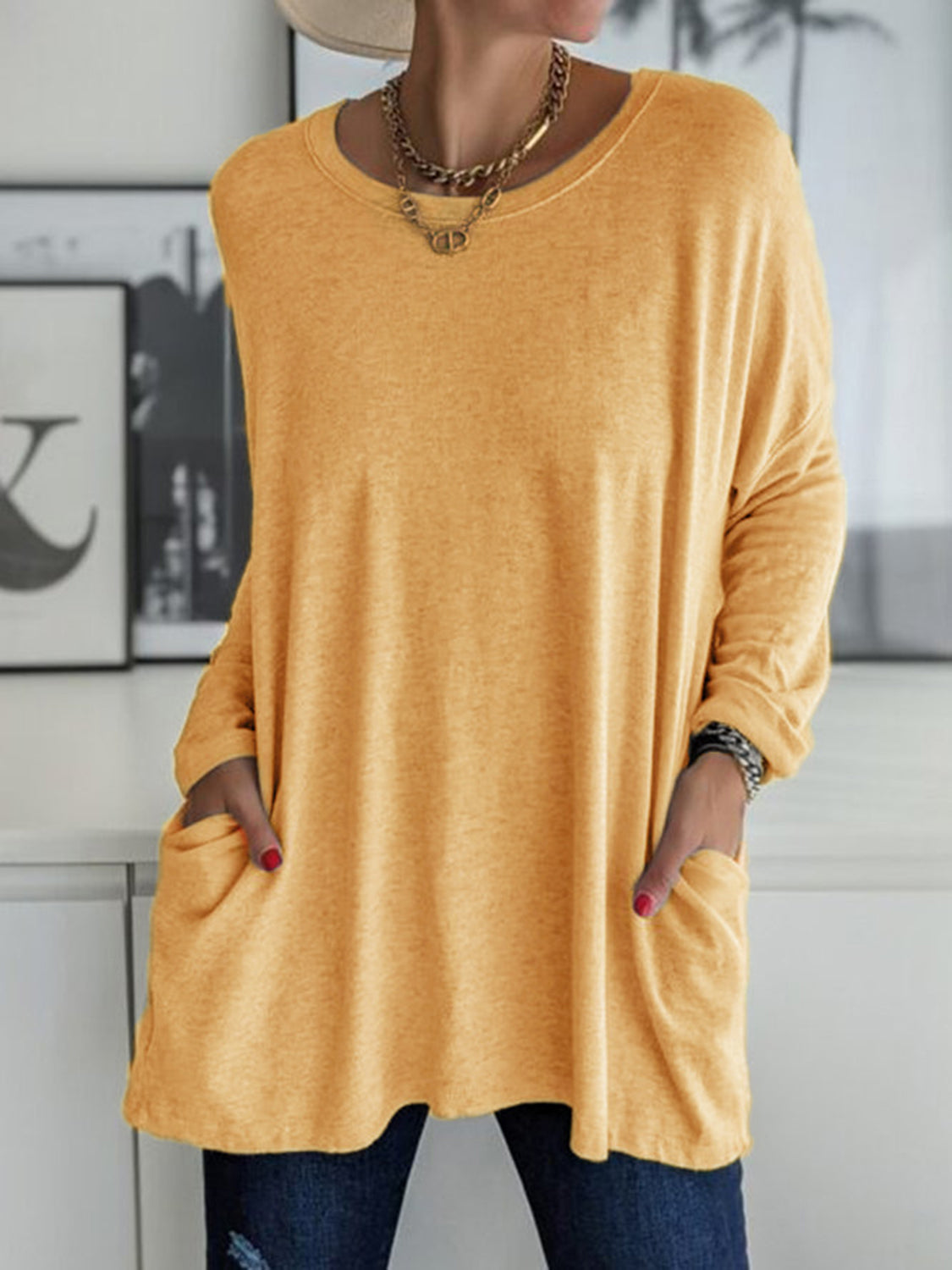 Buy gold Full Size Round Neck Long Sleeve T-Shirt