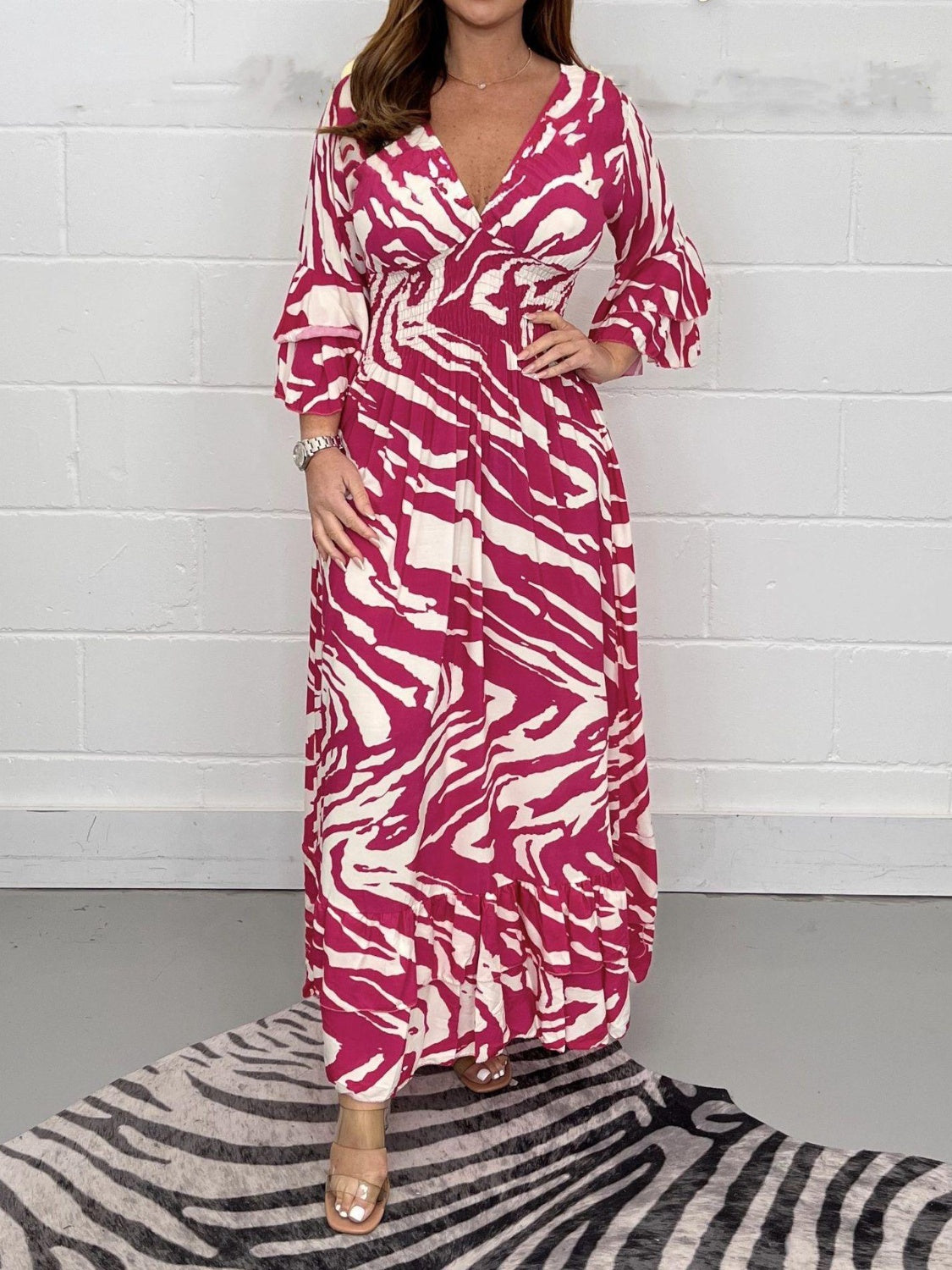 Buy hot-pink Smocked Printed Flounce Sleeve Maxi Dress