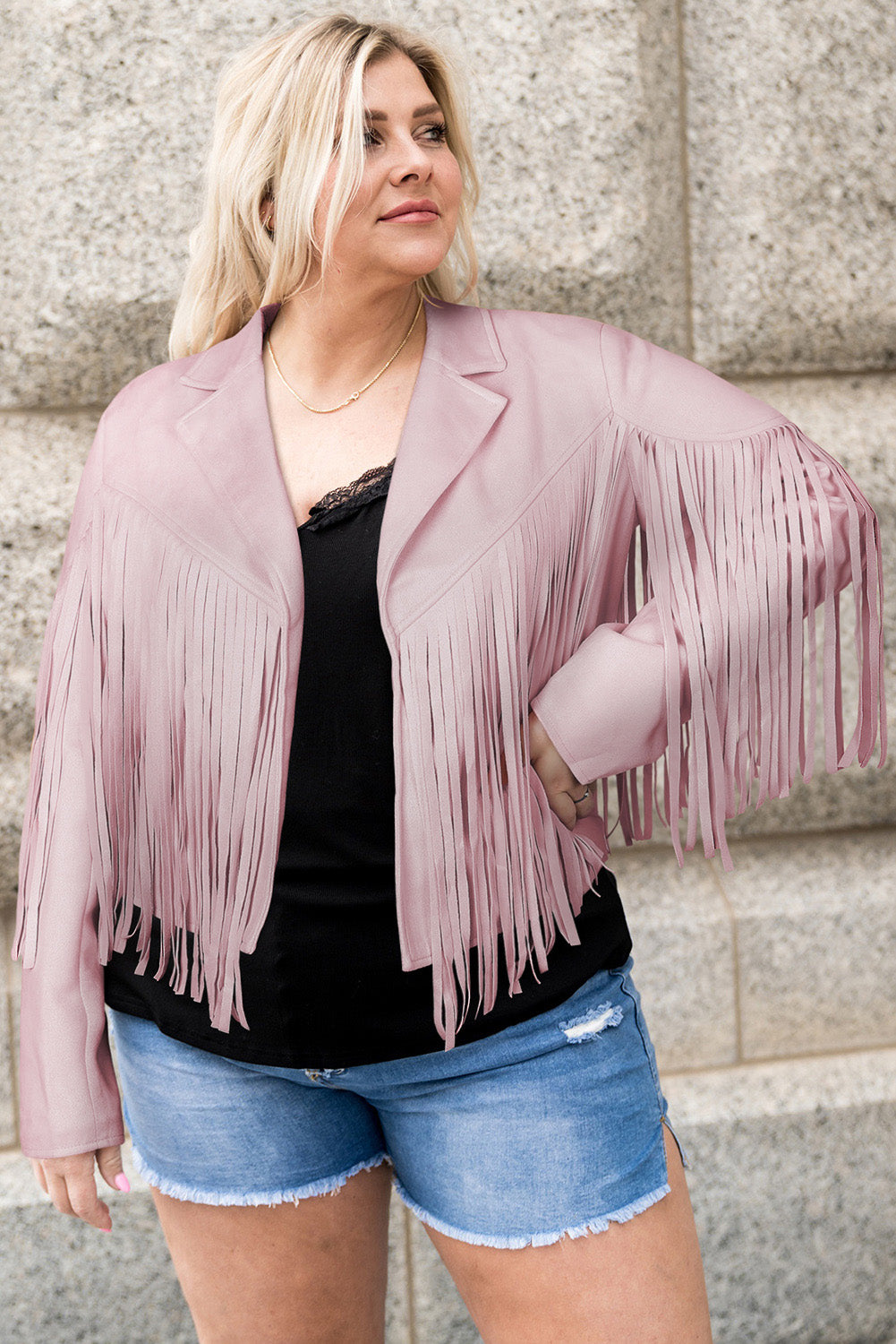 Buy blush-pink Plus Size Fringe Open Front Jacket