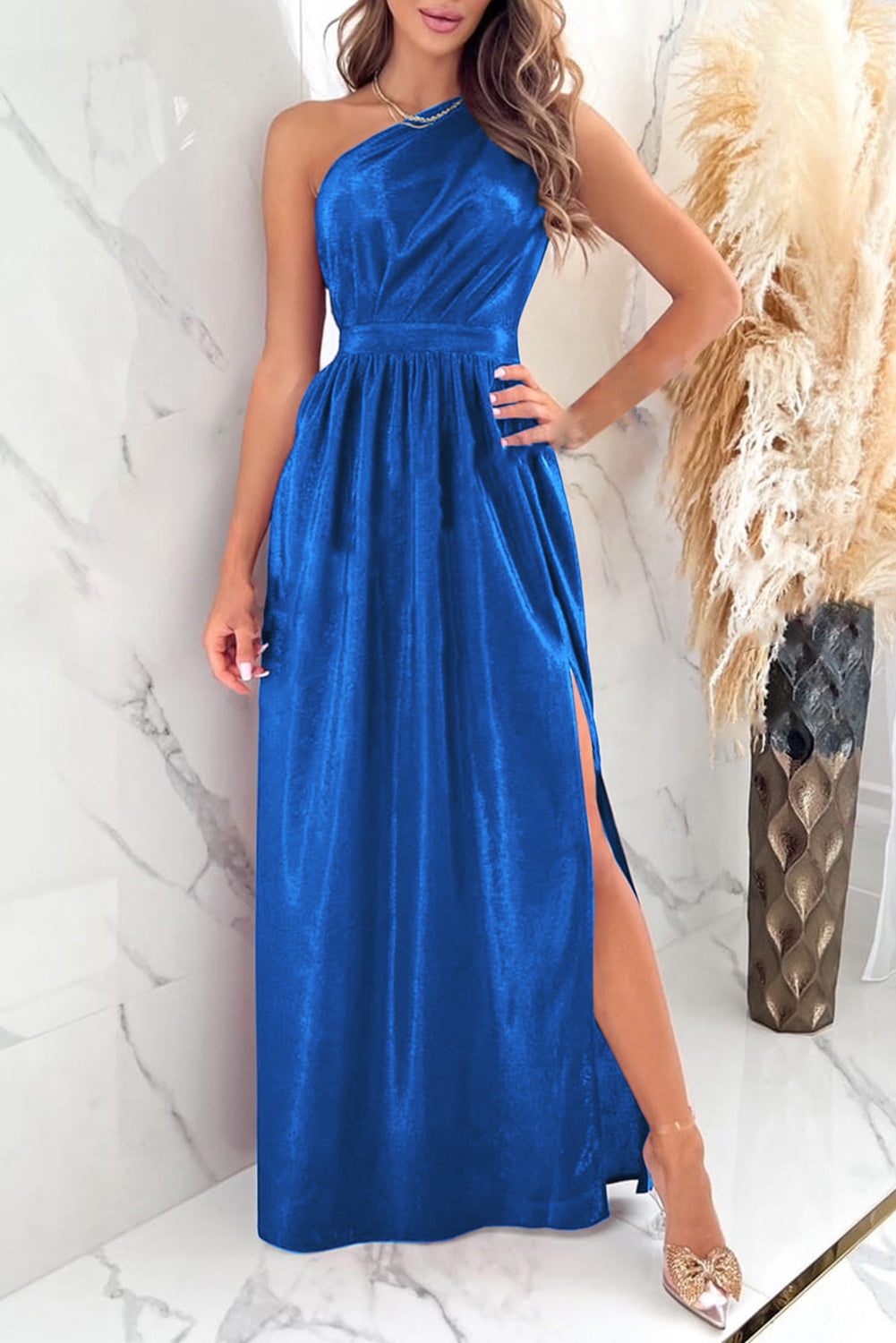 Buy royal-blue One Shoulder Slit Ruched Maxi Dress