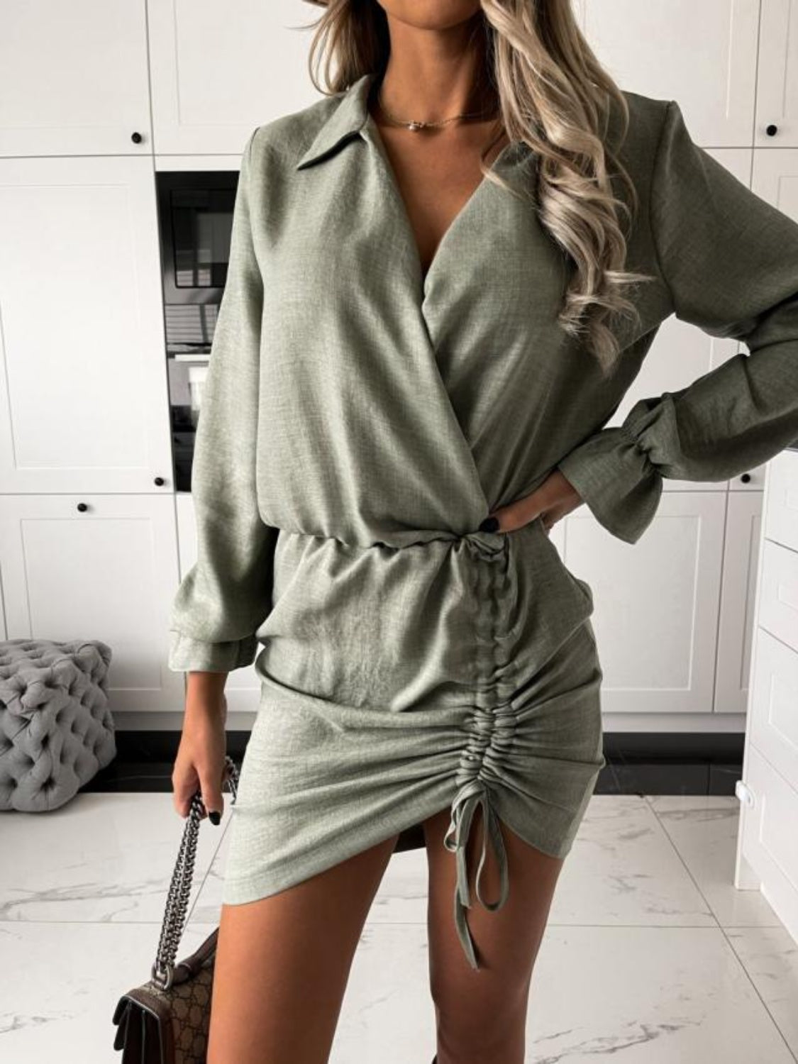 Buy sage Drawstring Long Sleeve Mini Dress