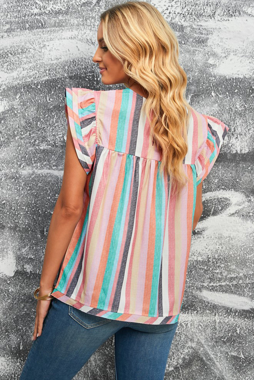 Multicolored Stripe Flutter Sleeve Blouse