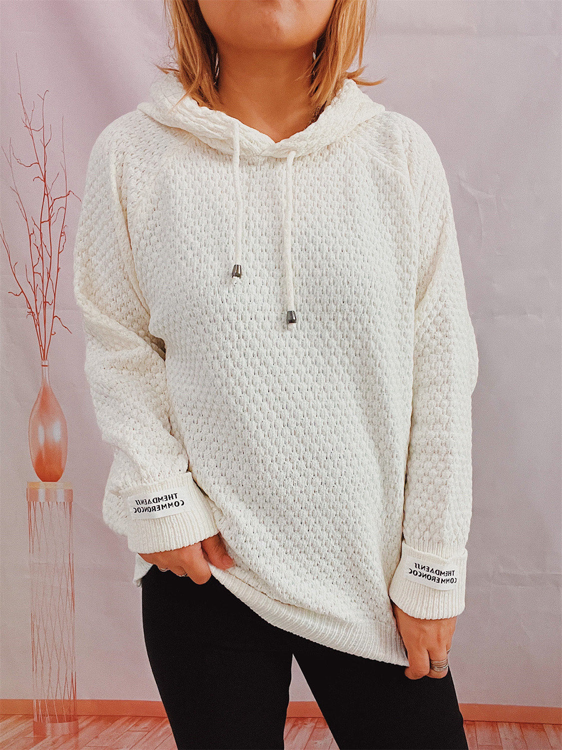 Buy cream Drawstring Long Sleeve  Hooded Sweater