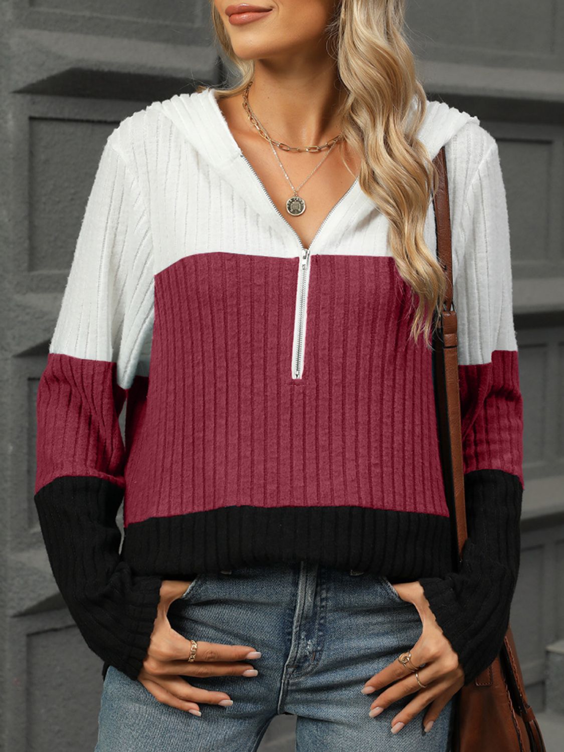 Buy burgundy Color Block Hooded Long Sleeve T-Shirt