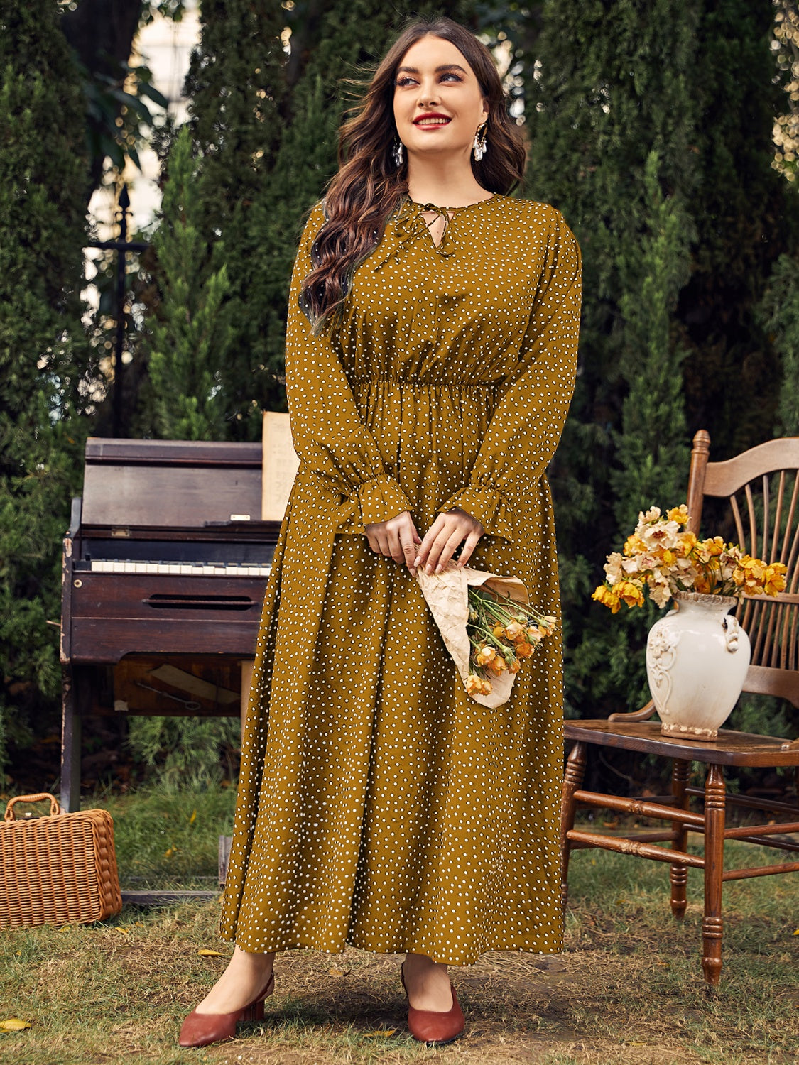 Buy olive Honey Plus Size Ruffled Polka Dot Long Sleeve Midi Dress