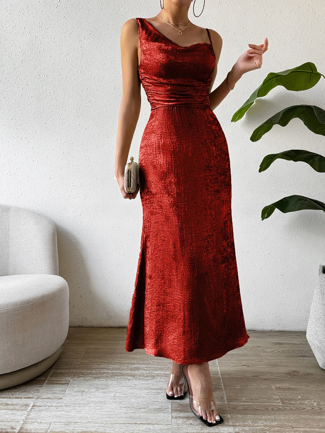 Buy burgundy Honey Asymmetric Neck Sleeveless Midi Dress