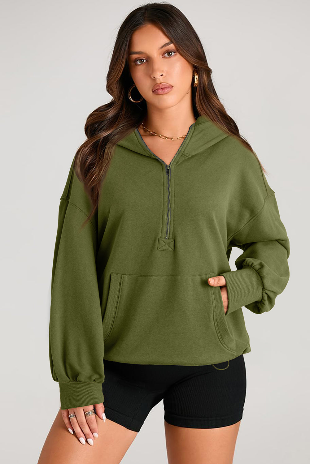 Buy army-green Pocketed Half Zip Long Sleeve Hoodie