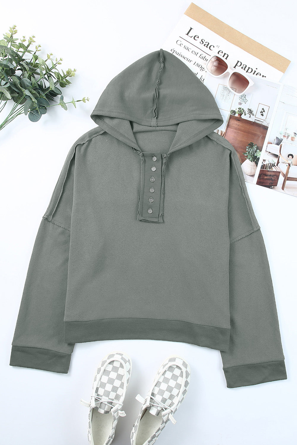 Buy heather-gray Quarter-Button Exposed Seam Dropped Shoulder Hoodie