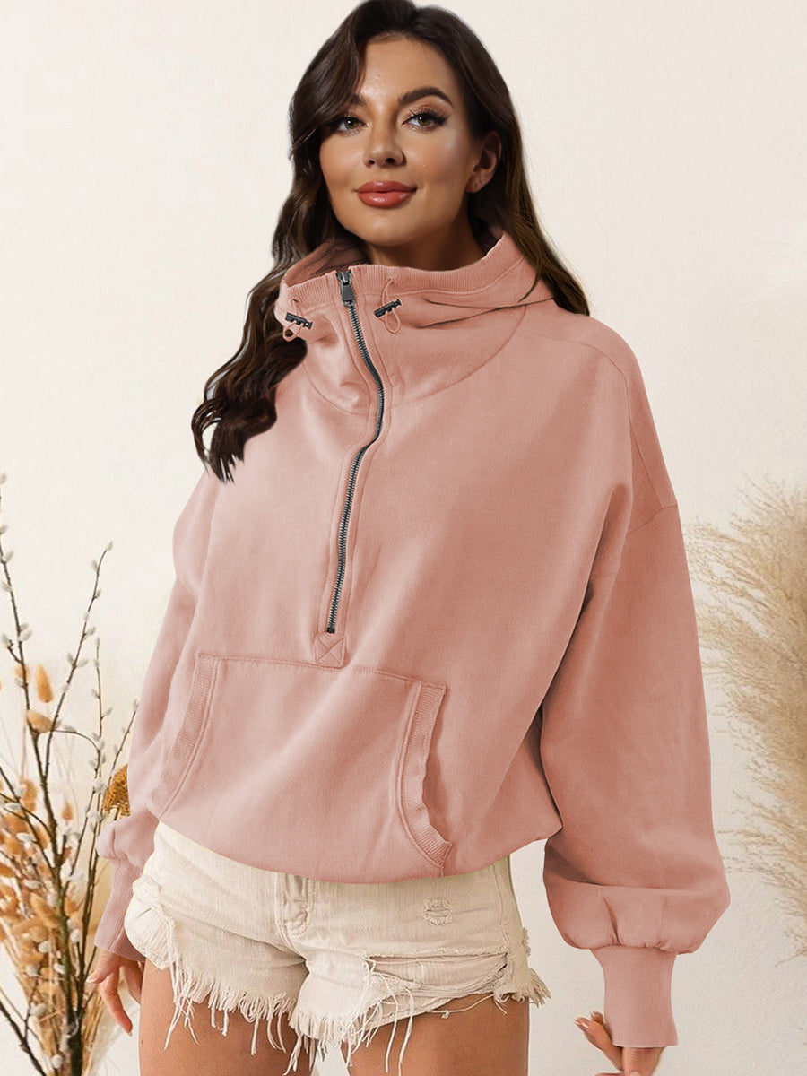 Buy watermelon-pink Zip-Up Dropped Shoulder Hoodie