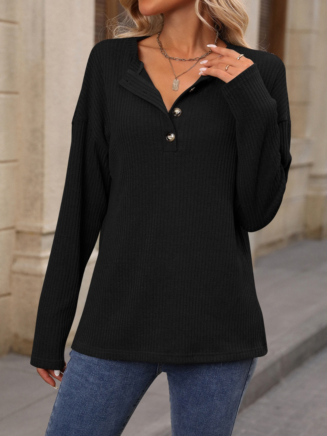 Half Button Long Sleeve T-Shirt