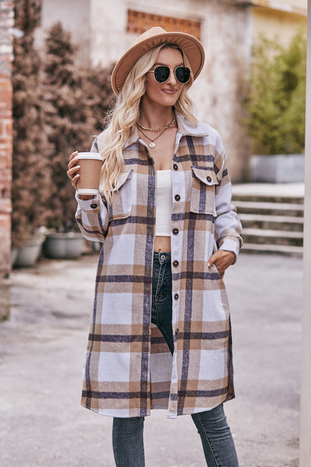 Buy khaki Mandy Plaid Dropped Shoulder Longline Jacket