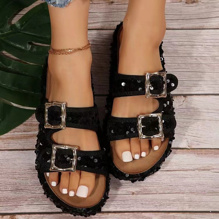 Buy black Sequin Trim Open Toe Sandals