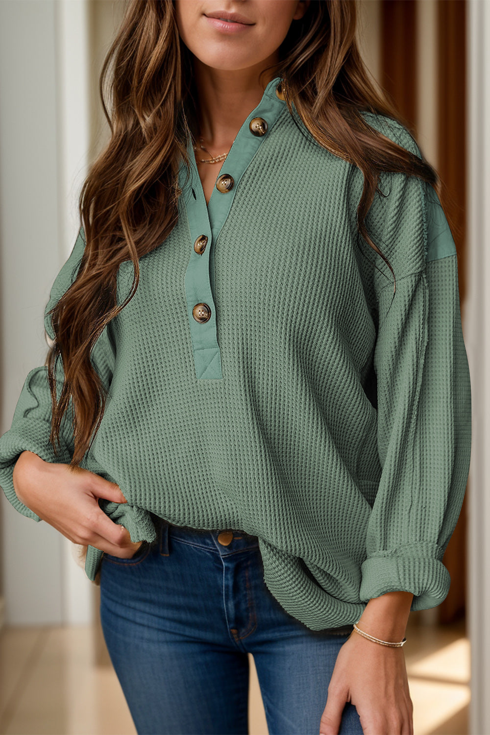 Buy sage Half Button Long Sleeve Top