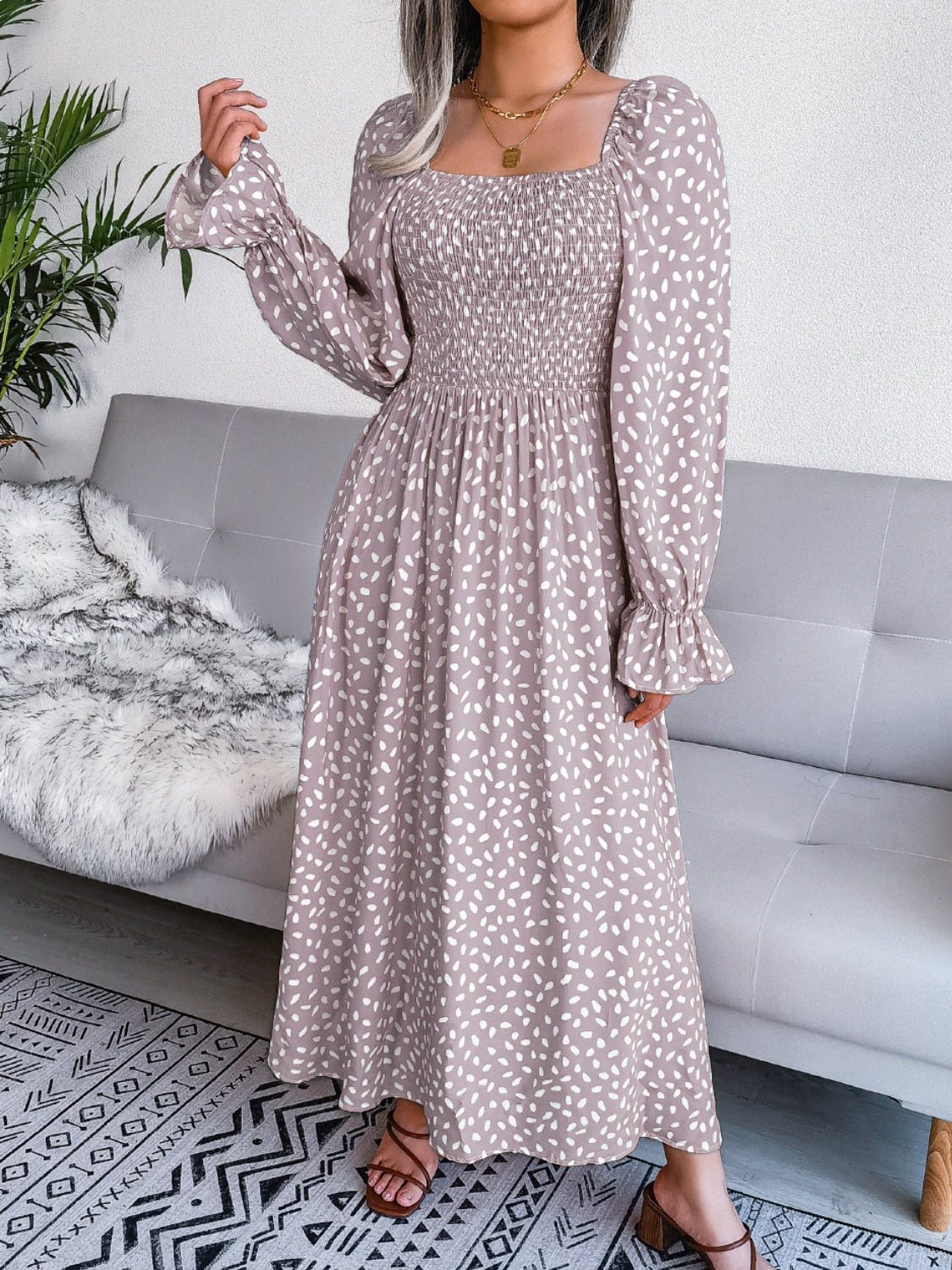 Buy mocha Smocked Square Neck Flounce Sleeve Dress