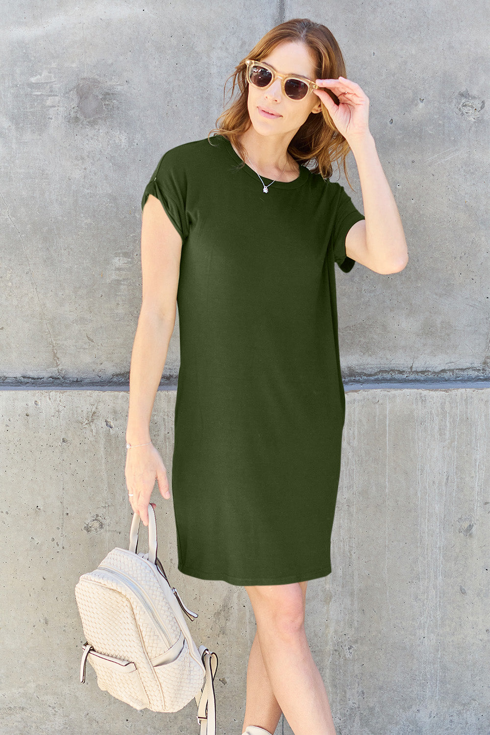 Buy matcha-green Basic Bae Full Size Round Neck Short Sleeve Dress with Pockets