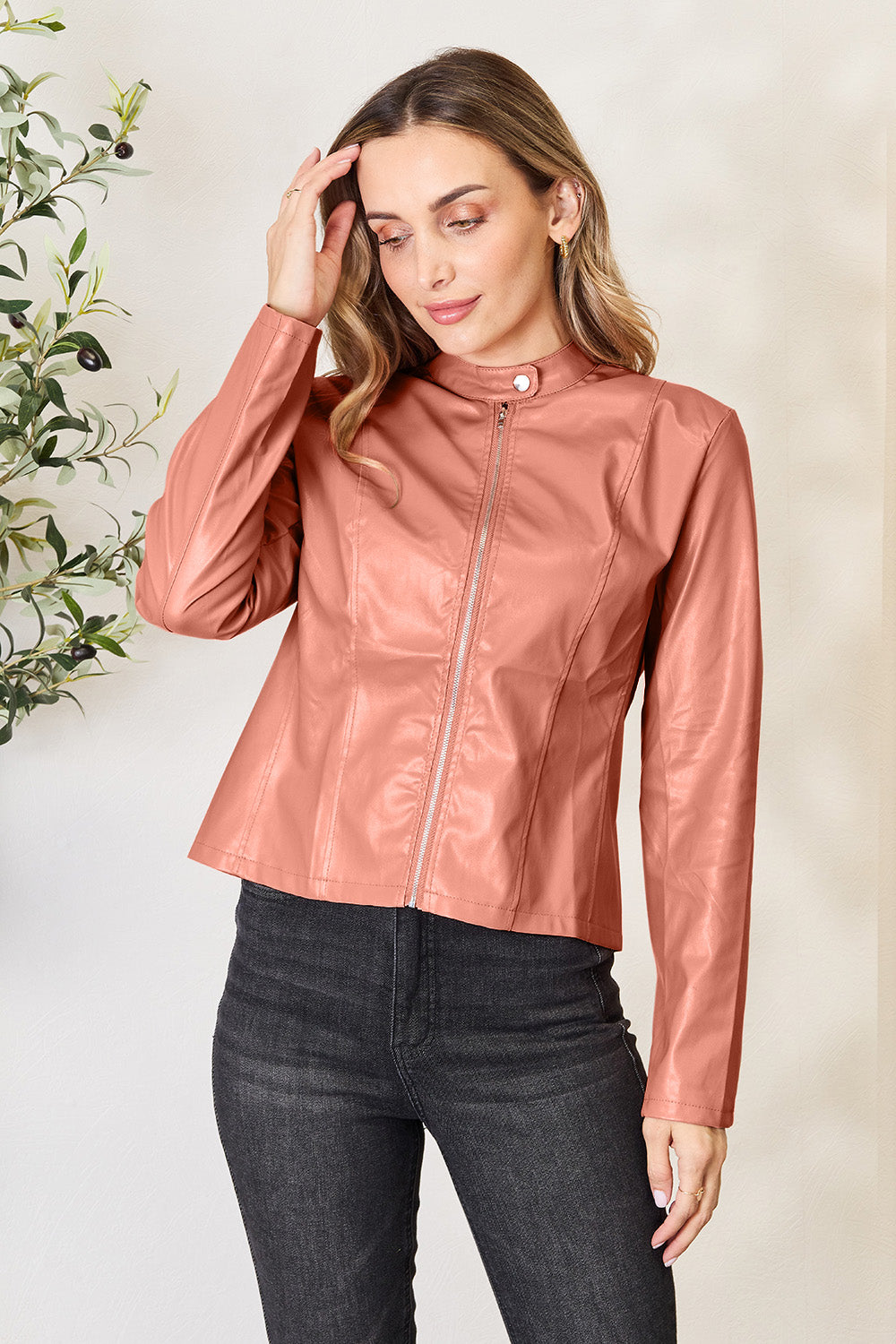 Buy burnt-coral Mock Neck Zip Up Jacket