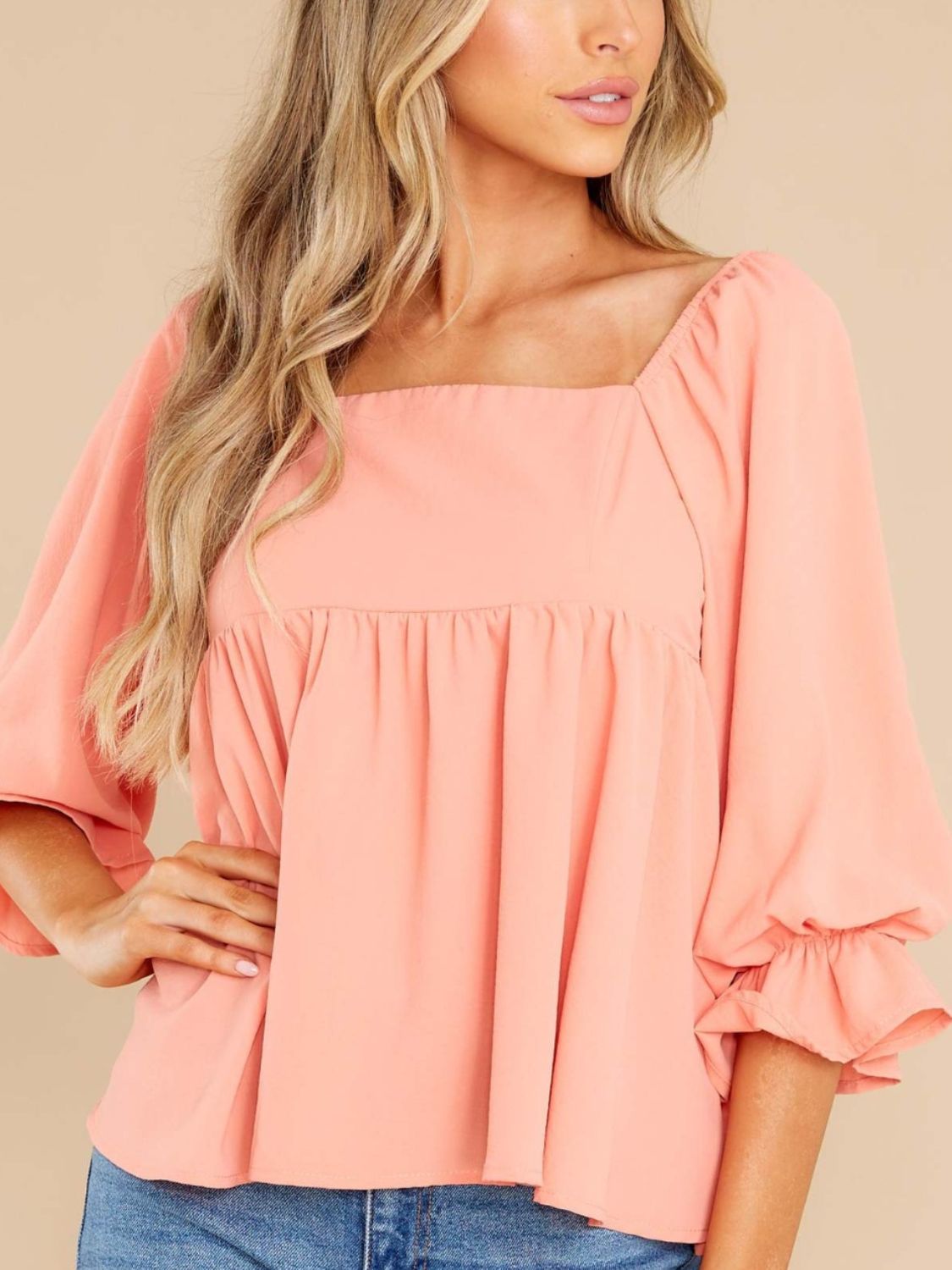 Smocked Square Neck Flounce Sleeve Blouse