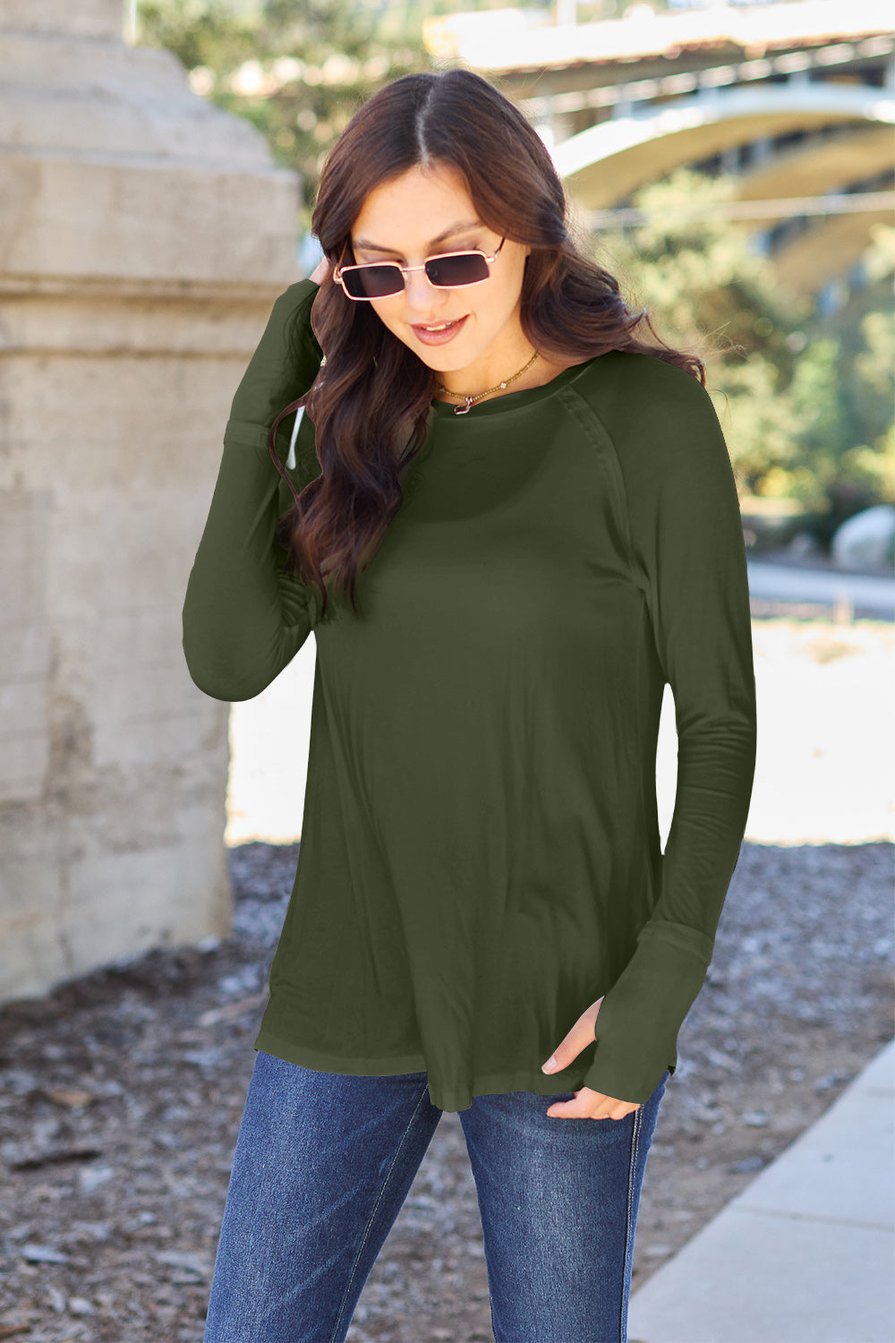 Buy army-green Basic Bae Full Size Round Neck Long Sleeve T-Shirt