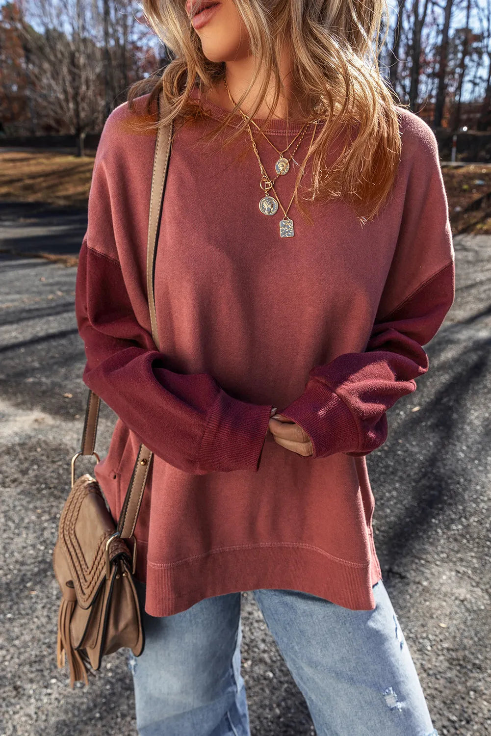 Buy rust Contrast Round Neck Long Sleeve Sweatshirt