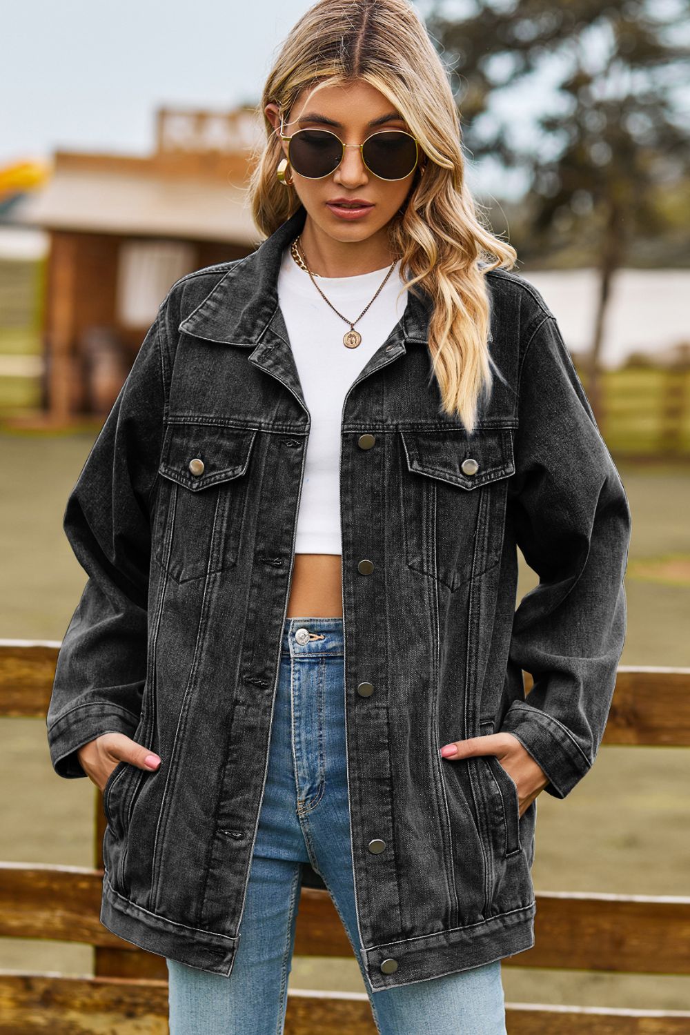 Buy black Buttoned Collared Neck Denim Jacket with Pockets