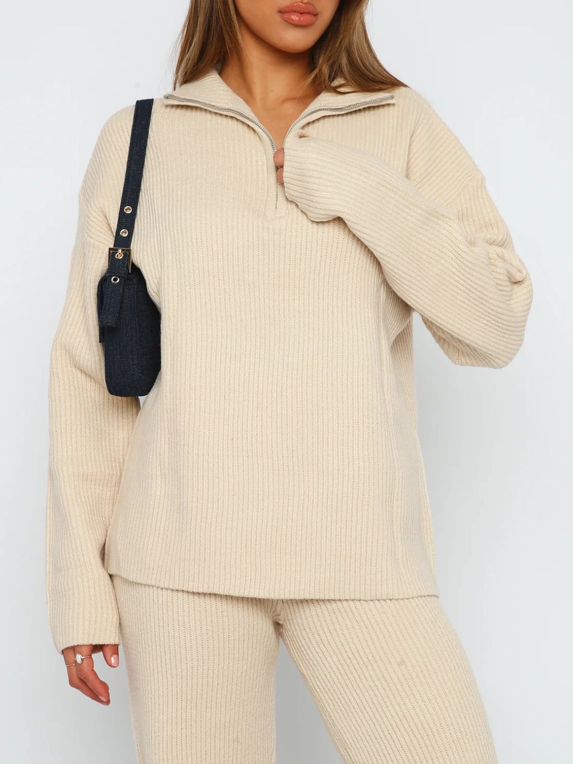 Buy tan Quarter Zip Long Sleeve Top and Pants Set