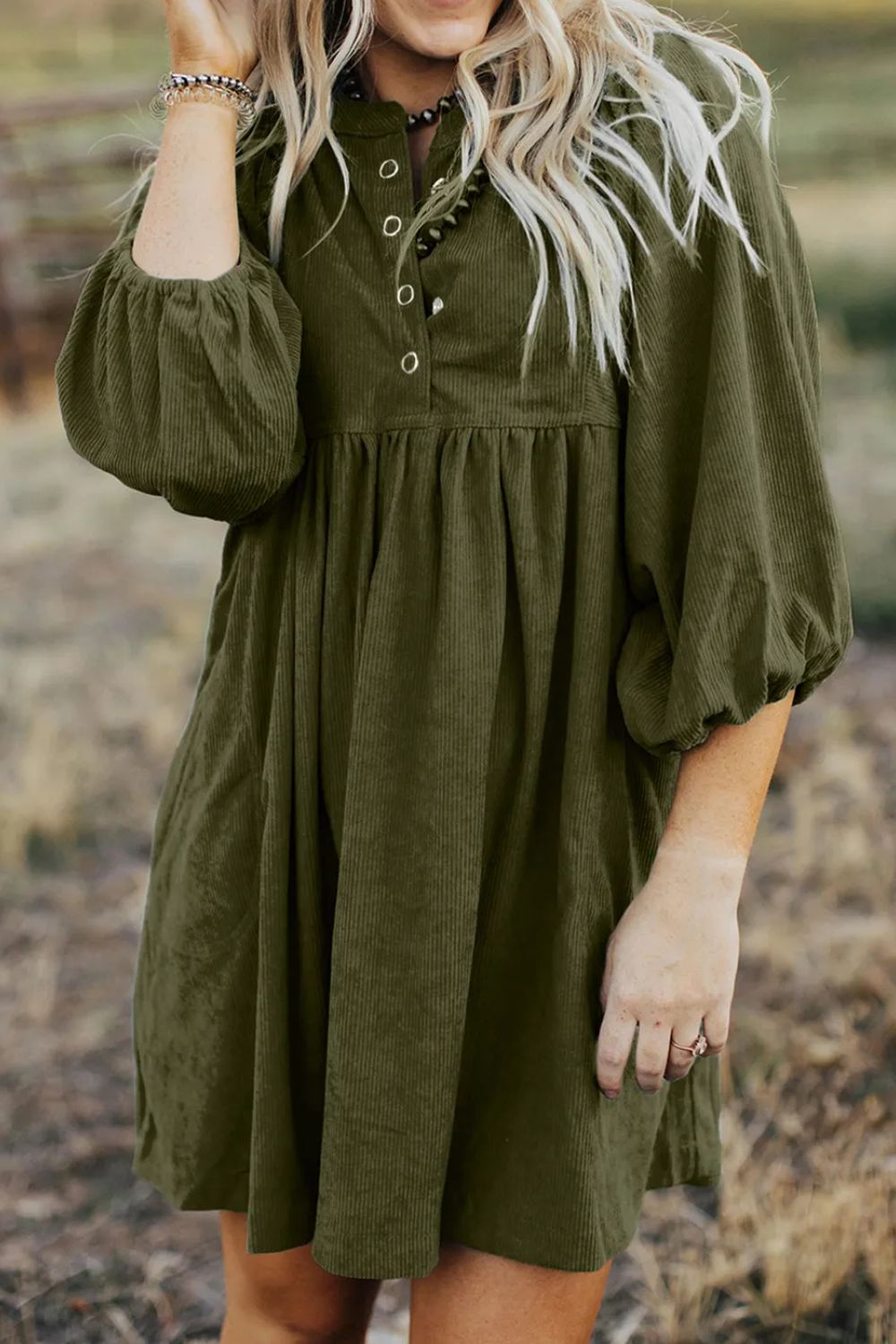 Buy army-green Quarter Snap Three-Quarter Sleeve Dress with Pockets