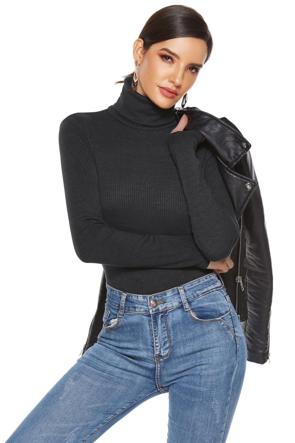 Buy black Ribbed Turtleneck Long Sleeve Bodysuit