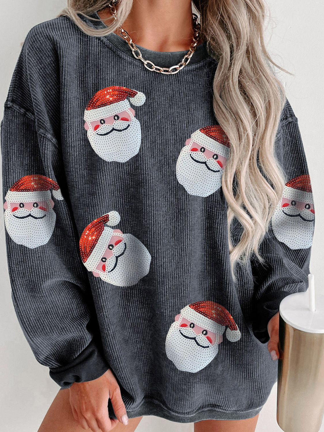 Buy charcoal Sequin Santa Patch Ribbed Sweatshirt