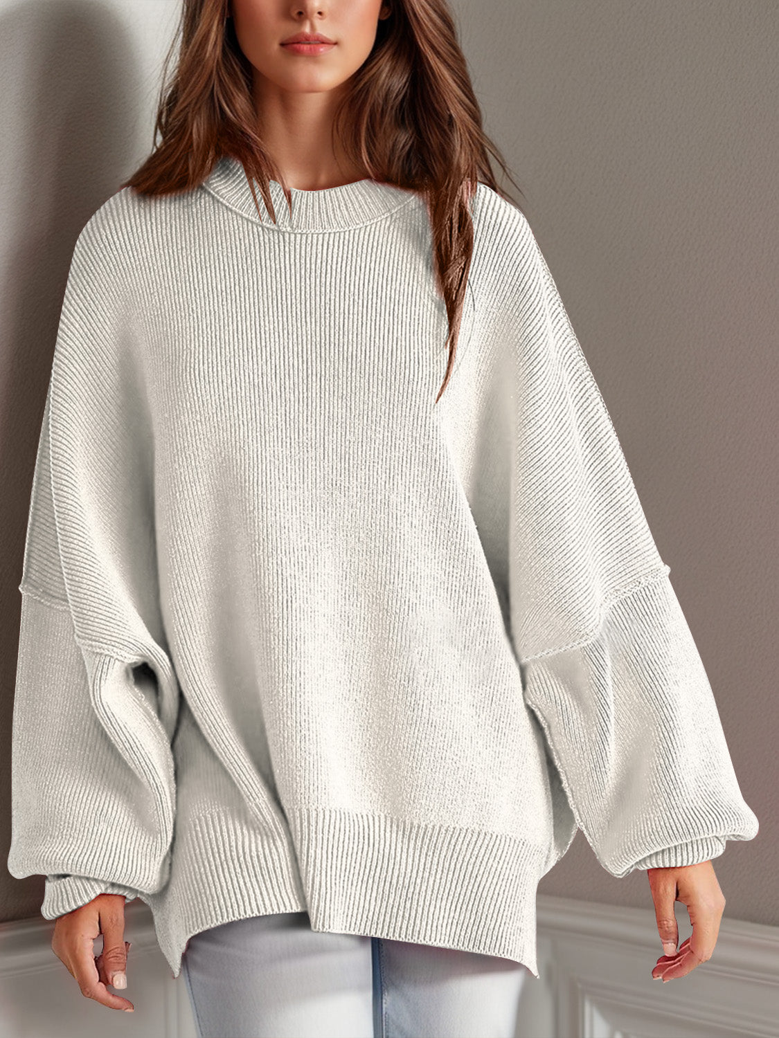 Buy white Double Take Side Slit Round Neck Long Sleeve Sweater